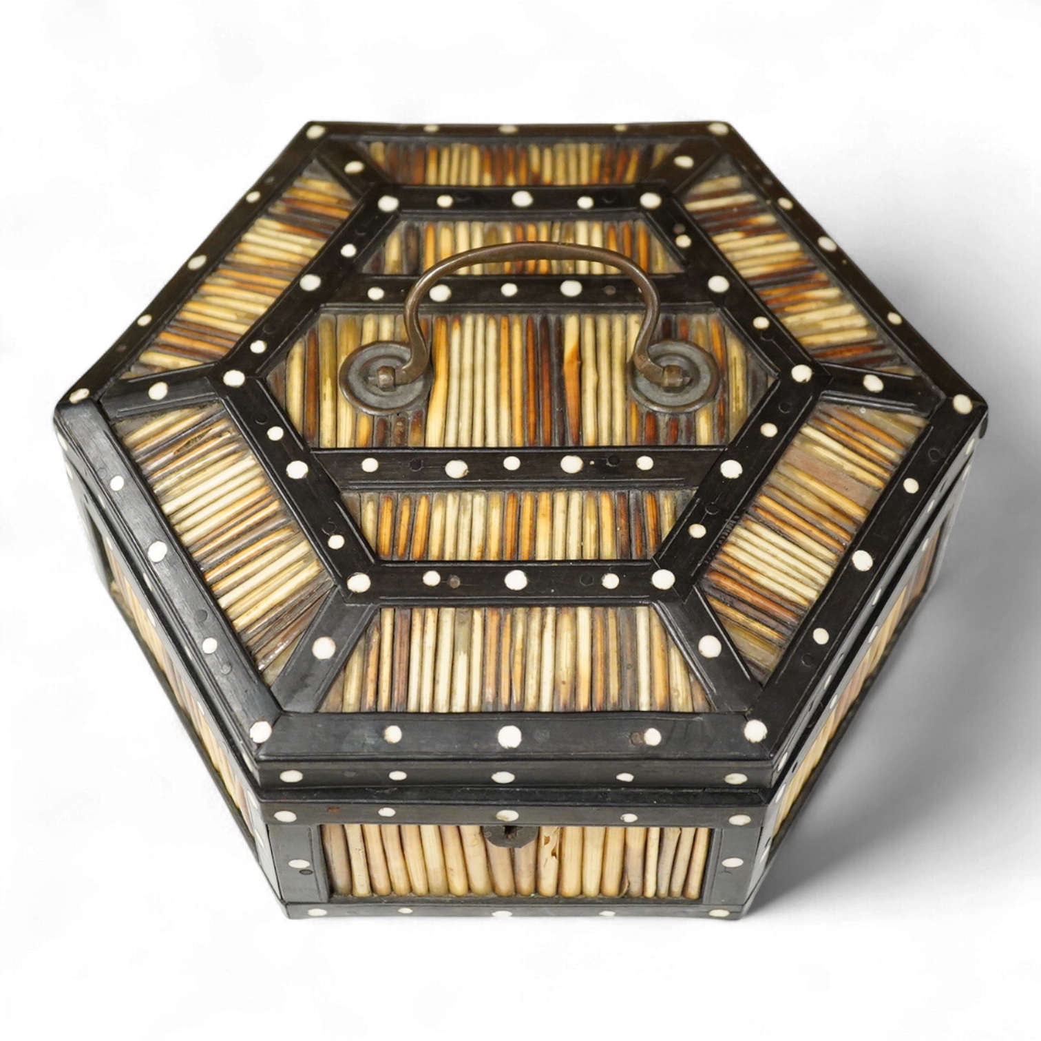 A late 19th century Ceylonese hexagonal quill box with bone inlay, 21cm wide